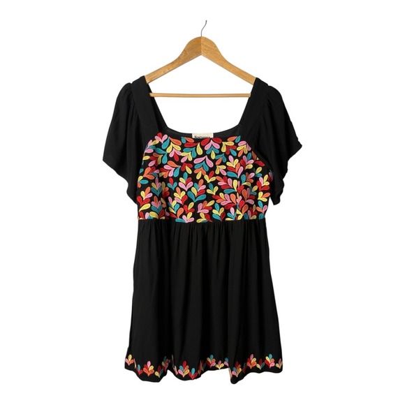 Savanna Jane Black Embroidered Babydoll Mini Dress Boho‎ Festival Size Medium - Picture 2 of 8